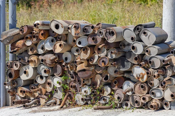 Collection Damaged Rusty Exhaust Muffler Catalytic Converters — Stock Photo, Image