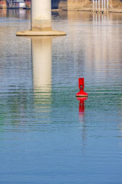 Navigation Buoy Red Mark Bridge Pillar River — Stock Photo, Image