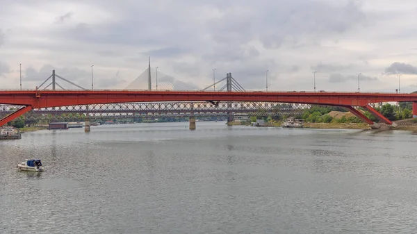 Белград Сербия Августа 2021 Года Висячий Мост Через Реку Сава — стоковое фото