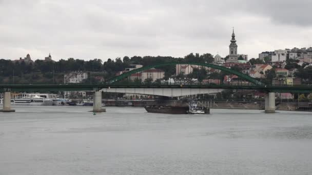 Rebocador Empurrando Barca Sob Ponte Velha Rio Sava Belgrado Sérvia — Vídeo de Stock