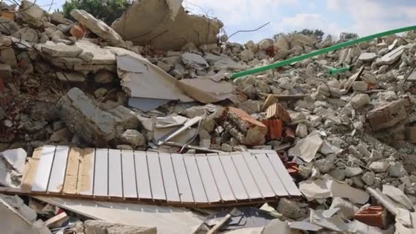 Collapsed Buildings Houses Driving Debris Danger — Stock Video