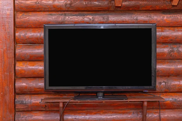 Telewizor Lcd Domku Drewnianym Log Wood — Zdjęcie stockowe