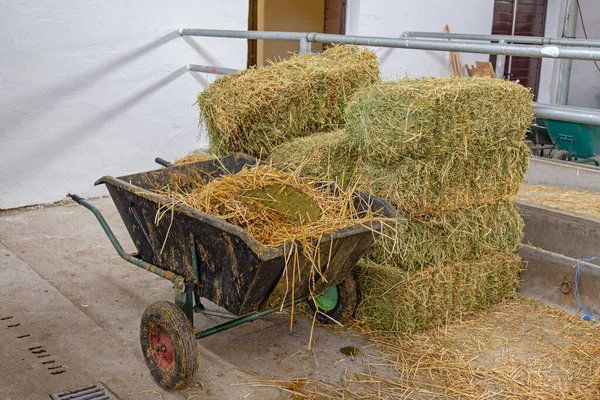 Tipping Wheelbarrow Hay Bales Stables Farm — Stock Photo, Image