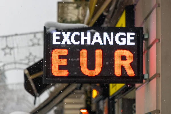 Excange Office Electronic Sign Euro Blur Winter Snow — Stock Photo, Image