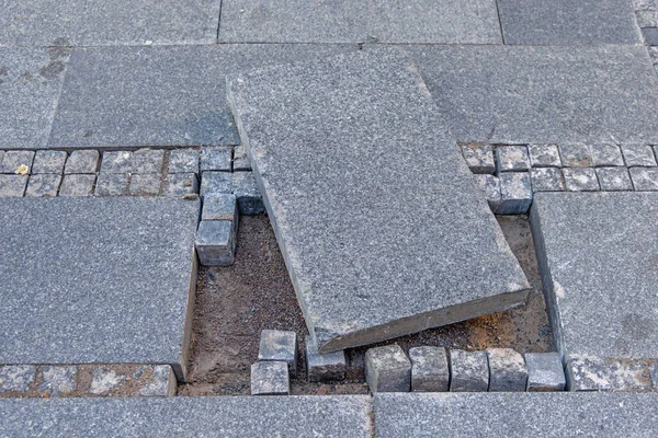 Pulled Out Pavement Granite Tile Cobblestones Damage — Stockfoto