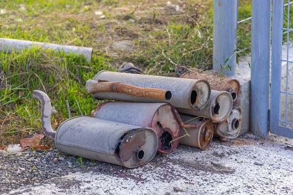 Rusty Exhaust Mufflers Catalytic Converter Collect Scrap Metal — Stock Photo, Image