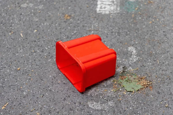 Empty Red Plastic Box Discarded Street — Stockfoto