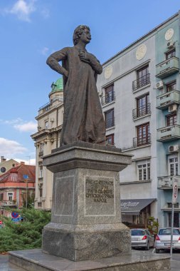 Belgrade, Serbia - September 22, 2021: Statue of Rigas Feraios Greek Writer Philosopher in Downtown Dorcol Belgrade.