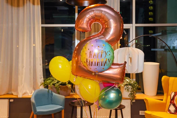 Happy Second Birthday Helium Foil Balloons Party — Zdjęcie stockowe