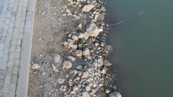 Exposed Sones Rocks Low Tide Water Level Sava River — стокове відео