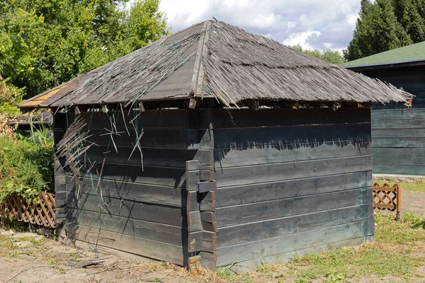 Trä Stuga Tillverkad Svarta Plankor Vass Tak — Stockfoto