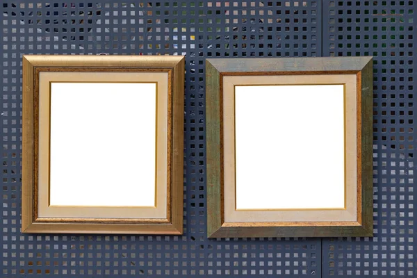 Dwa Drewniany Obrazek Ramka Przy Ściana Pusty Kopia Przestrzeń — Zdjęcie stockowe
