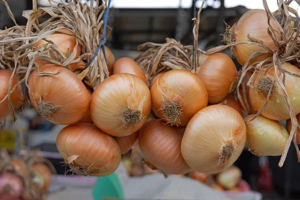 Hanging Organic Yellow Onions Farmers Market — Stock Photo, Image
