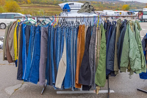 Pants Jackets Rack Parking Lot Open Street Market — стокове фото