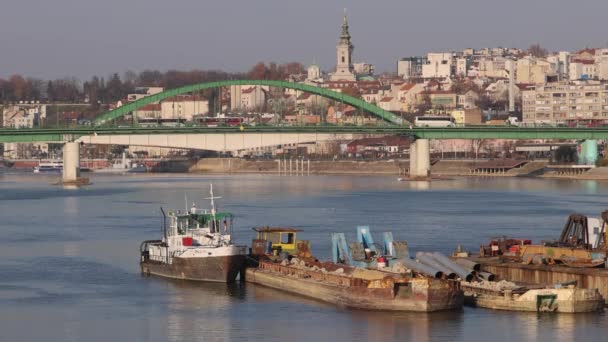 Belgrad Serbien November 2021 Vertäute Lastkähne Der Alten Bogenbrücke Der — Stockvideo