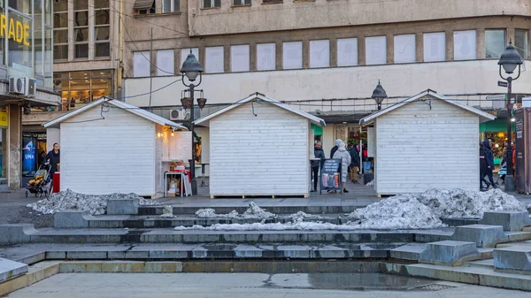 베오그라드 세르비아 2021 White Wooden Kiosks Holiday Shops City Centre — 스톡 사진