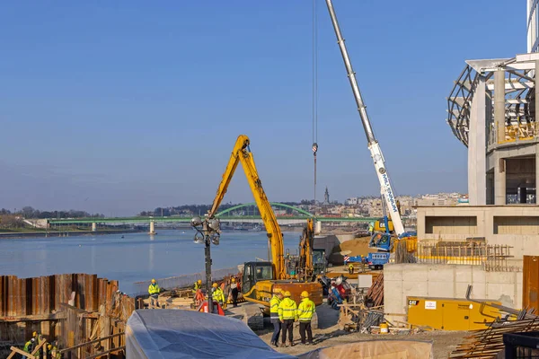 Belgrado Servië November 2021 Sava Belgrado Waterfront Bouwplaats Zonnige Herfstdag — Stockfoto