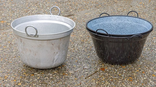 Large Metal Cooking Cauldron Pots Handles — Stock Photo, Image