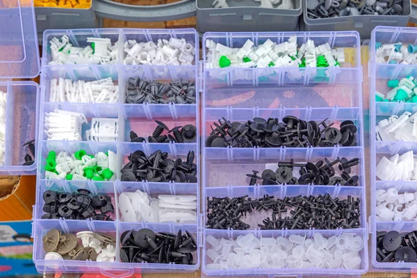 Műanyag Rögzítő Klipek Alkatrészek Autó Belsejében — Stock Fotó