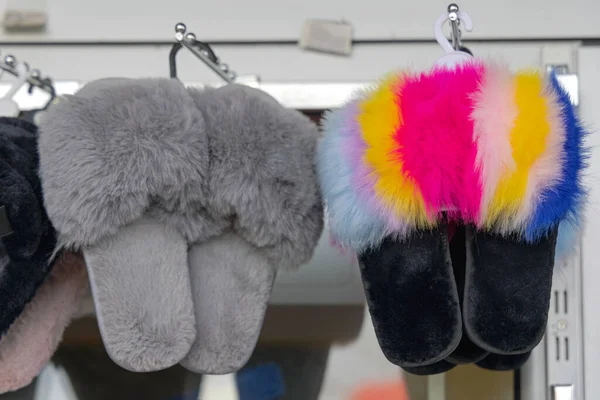 Big Fur Slides Puff Papucs Téli Divat — Stock Fotó