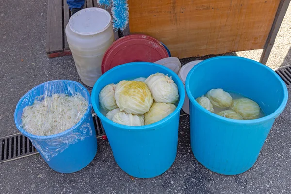 Sour Cabbages Fermented Sauerkraut Buckets Food Preservation — Stock Photo, Image