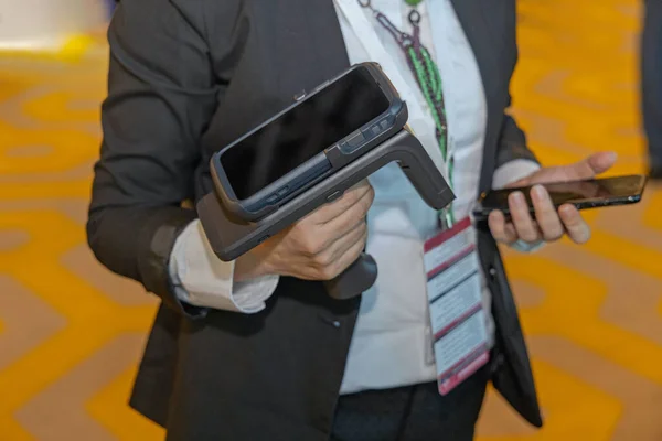 Holding Portable Handheld Computer Barcode Scanner Smartphone — Stock Photo, Image