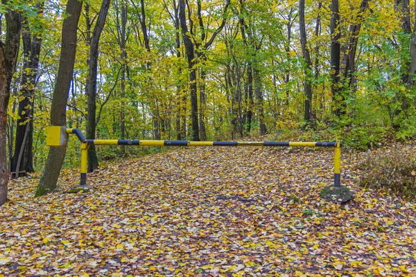Barreira Rampa Fechada Caminho Para Bosques Outono — Fotografia de Stock