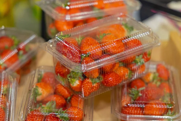 Frutas Frescas Morangos Caixas Plásticas Transparentes — Fotografia de Stock