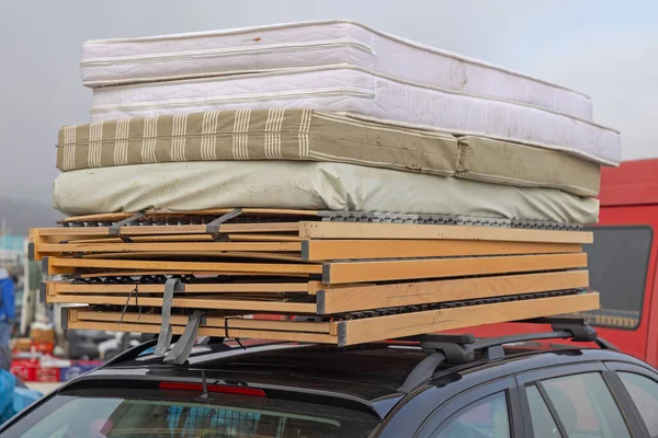 Stacked Foam Mattress Toppers Slatted Bed Frames — Stock Photo, Image