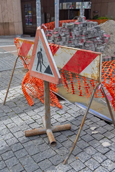 Road Works Sign Construction Barrier City Street — Stock Photo, Image
