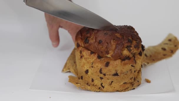 Mannen Snijden Italiaanse Panettone Kerst Taart Met Grote Chef Kok — Stockvideo