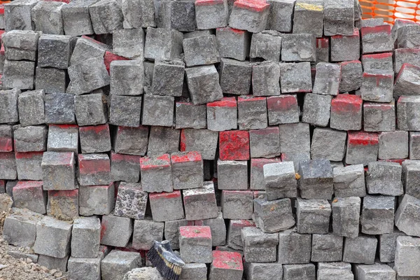 Stacked Cobblestones Materiał Bruku Ulicznego Konstrukcja Tło — Zdjęcie stockowe
