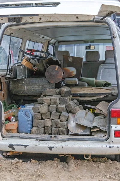 Cobblestones Material Shovel Tools Construction Workers Van — Stock Photo, Image