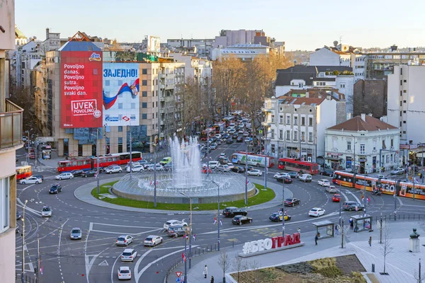 Belgrado Serbia Febrero 2022 Slavia Roundabout Square Vista Aérea Congestión — Foto de Stock