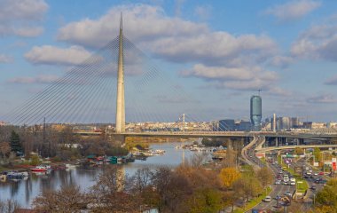 Belgrad, Sırbistan - 23 Kasım 2021: Sava Nehri üzerindeki Ada Pylon Köprüsü Sonbahar Günü.