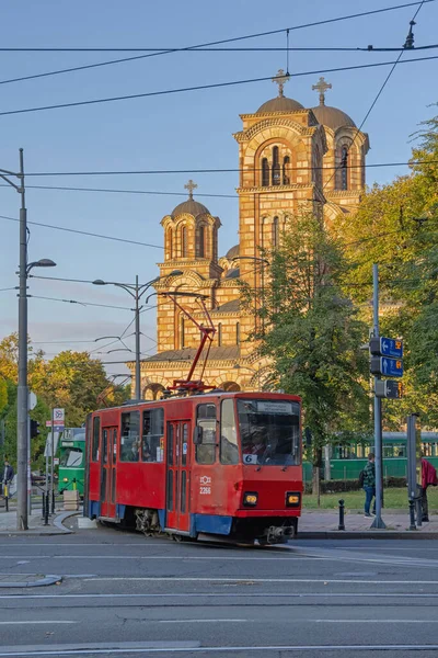 Belgrado Servië Oktober 2021 Oude Rode Tram Voor Sint Marko — Stockfoto