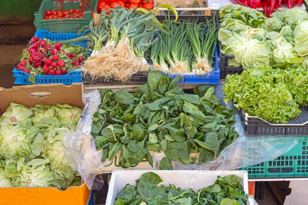 Verduras Frescas Verdes Folhosos Barraca Mercado Dos Agricultores — Fotografia de Stock