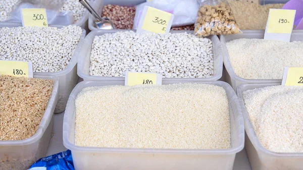 Various Rice Grains White Beans Bulk Tubs — Stock Photo, Image