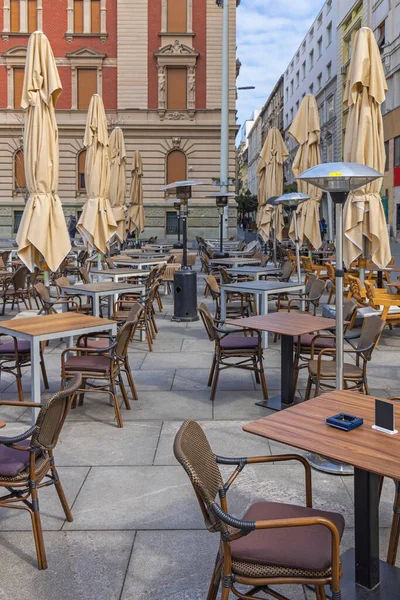 Leere Tische Und Stühle Restaurant Street Terrace Winter Day — Stockfoto