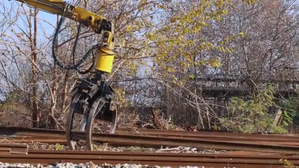 Removendo Trilhos Trilhos Ferroviária Velha Com Garfos Escavador — Vídeo de Stock