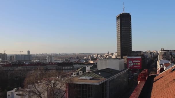 Belgrado Servië Februari 2022 Beogradjanka Skyscraper Luchtfoto Van Park Manjez — Stockvideo