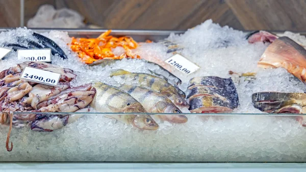 Frischer Fisch Und Tintenfisch Auf Eis Fischhändler Stand — Stockfoto