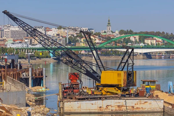 Lifting Crane Barge River Works Construction Site — Stock Photo, Image