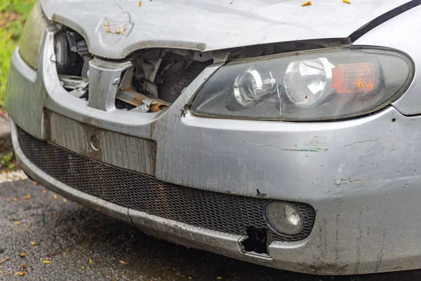 Voorste Bumper Crash Traffic Accident Silver Car — Stockfoto