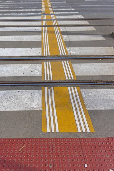 Pistes Tramway Doubles Zebra Crossing Avec Guide Aveugle Lignes Pavage — Photo