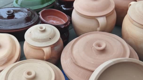 Big Collection Earthenware Pottery Ceramic Pots Jugs Objects Tilt — Stock Video