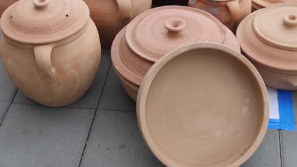 Large Collection Earthenware Pottery Ceramic Pots Jugs Tilt — стоковое видео