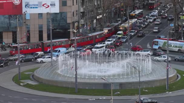 Belgrade Serbia February 2022 Large Water Fountain Slavija Roundabout Aerial — Stok video