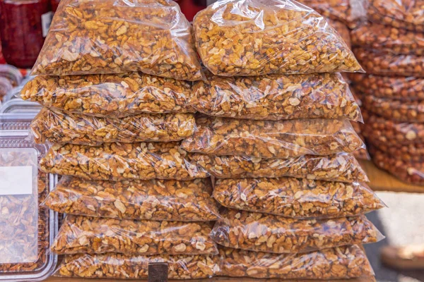 Stack Bags Shelled Walnut Nuts — Stock Photo, Image