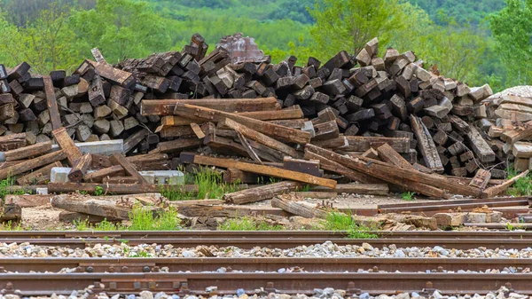 Big Bunch Old Railroad Wooden Ties Tracks — Stock Photo, Image